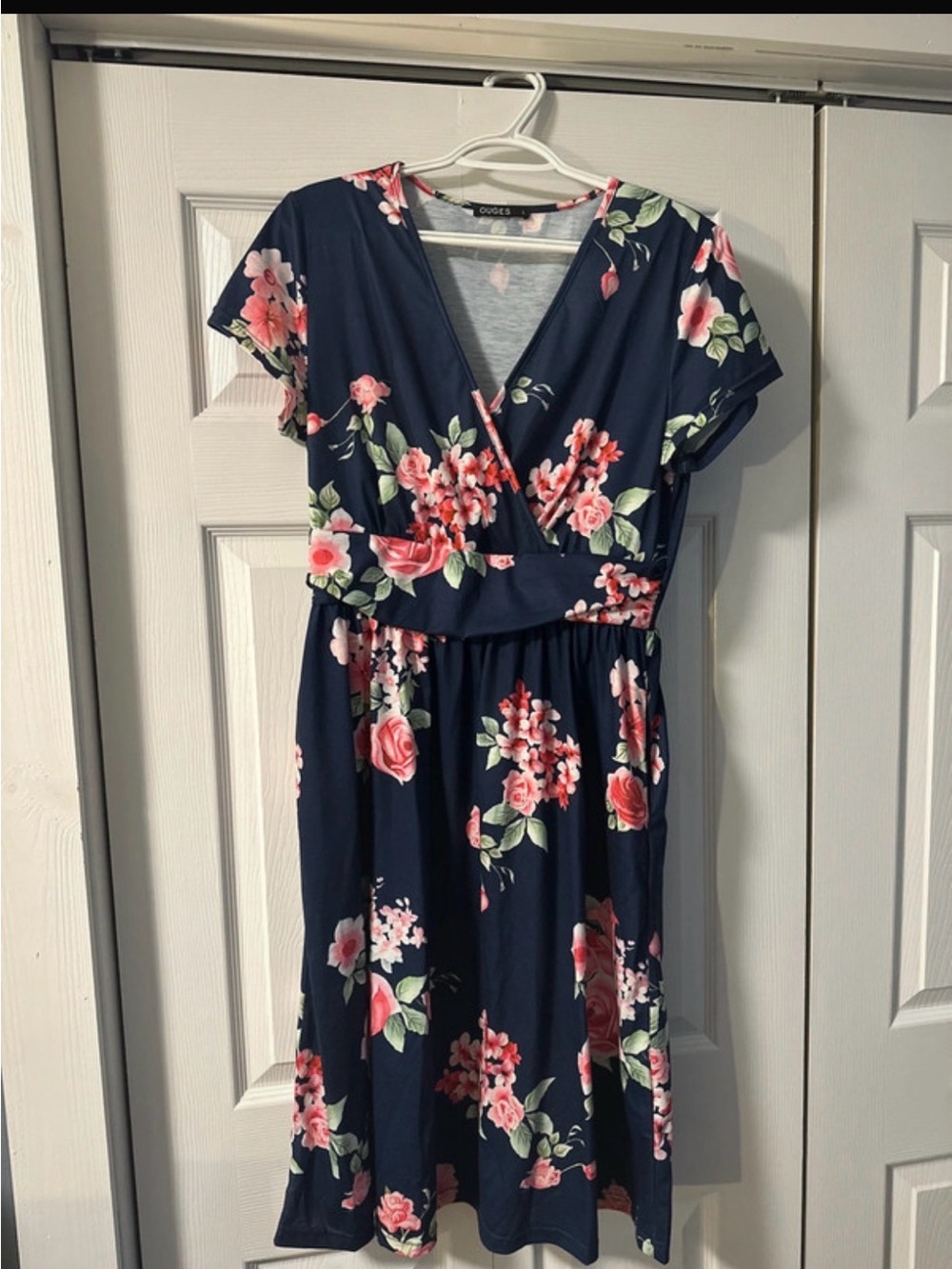 Women’s Navy Floral Wrap-Style Dress with Short Sleeves